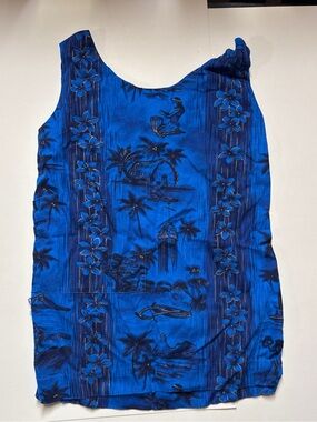 ⁠Vintage 60s Fashions of Hawaii Blue Palm Hula Print Shift Dress⁠